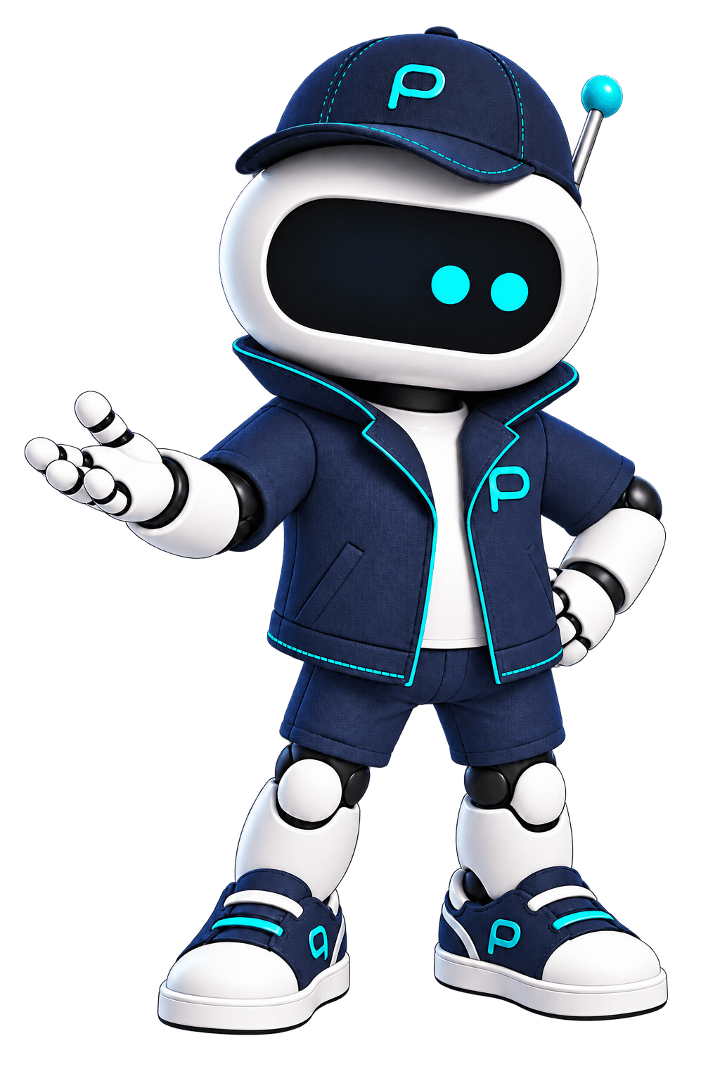 Hunter, la IA de Pebot, presentando sus soluciones con una mano abierta